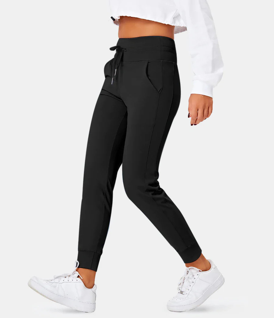 Halara Cloudful™ Air High Waisted Drawstring Side Pocket Plain Full Length Joggers - Black - XS(peti | HALARA