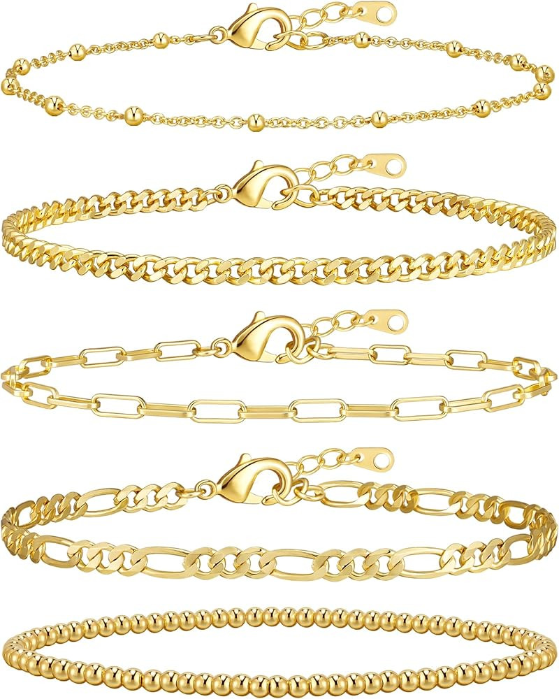 adoyi Gold Bracelets for Women, 14K Gold Plated Stackable Bracelet Stack Set Adjustable Charm Pap... | Amazon (US)