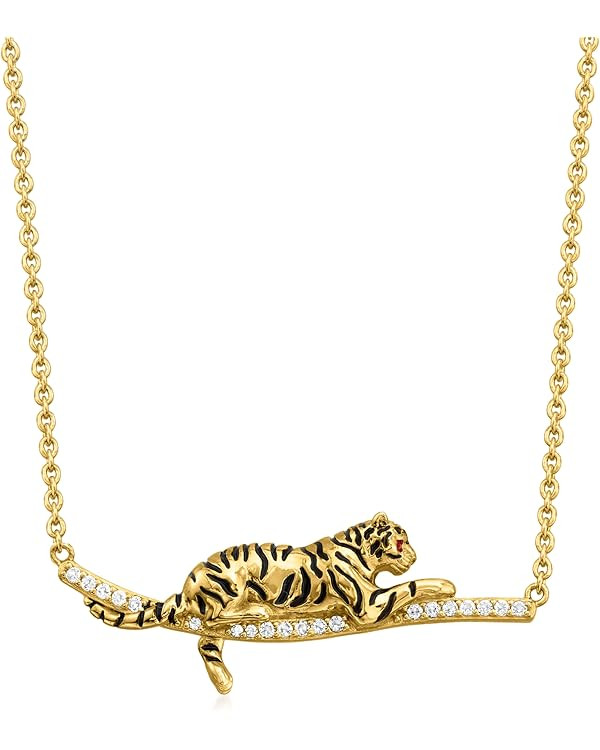 Ross-Simons 0.10 ct. t.w. White Topaz and Black Enamel Tiger Bar Necklace With Ruby Accents in 18... | Amazon (US)