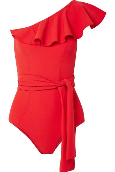 Lisa Marie Fernandez - Arden Ruffled One-shoulder Stretch-crepe Swimsuit - Tomato red | NET-A-PORTER (US)