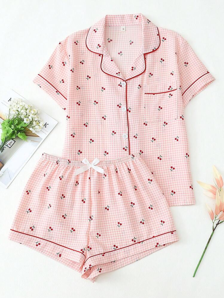 [Elegant Fields]2pcs Women Cute Cherry Print Pajama Set, Lapel Button Short Sleeve Top And Bow Shorts, Summer Sleepwear And Loungewear, Two Pieces Set | SHEIN
