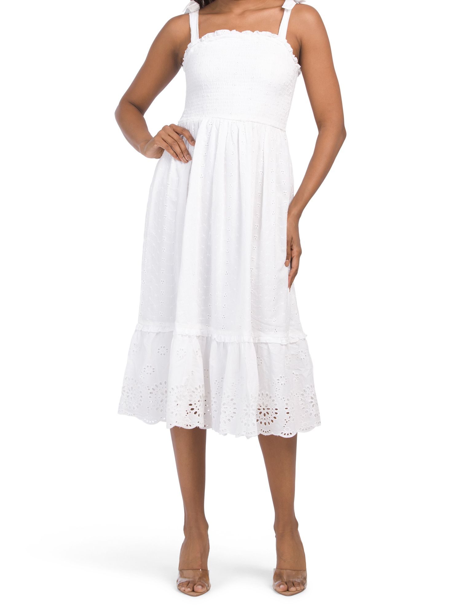 Eyelet Smocked Scalloped Edge Midi Dress | TJ Maxx