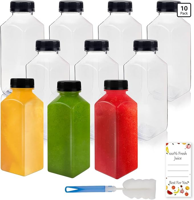 10 Pcs 12oz Plastic Juice Bottles With Caps, Reusable Food Grade Chear Juice Containers for Juici... | Amazon (US)