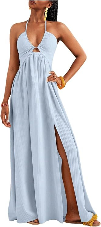 Women's Boho Halter Maxi Dress Cut Out Deep V Neck Split A Line Flowy Beach Sundress Wedding Gues... | Amazon (US)