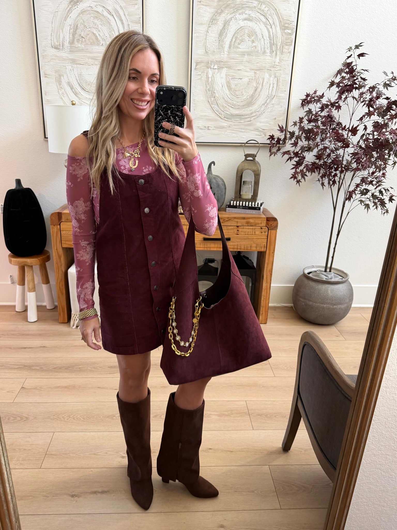 Sized up in the floral top to a medium and overall dress is my true size small. Boots are tts! Walmart outfit, target bag, bag chain, fall boots, brown boots, fall family photo outfit 

#LTKFindsUnder50 #LTKShoeCrush #LTKHoliday