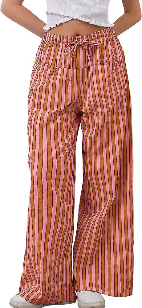 MISSACTIVER Women Drawstring Striped Pants Loose Wide Leg Trousers Casual Low Waist Pants Comfy L... | Amazon (US)