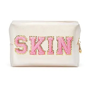 Y1tvei Preppy Patch SKIN Varsity Letter Cosmetic Toiletry Bag PU Leather Portable Makeup Bag Zipp... | Amazon (US)