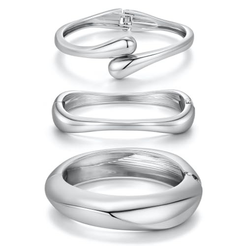 3Pcs Chunky Gold Bangle Bracelets for Women Trendy 14K Silver Plated Cuff Bracelets Stack, Dainty Silver Bracelet Sets Non Tarnish Fashion Jewelry Gift | Amazon (US)