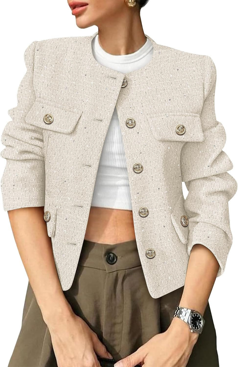 Womens Tweed Blazers Vintage Business Open Front Cropped Jackets | Amazon (US)