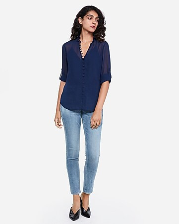 slim fit ruffle chiffon portofino shirt | Express