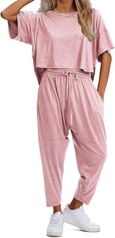 EXLURA Conjunto de 2 piezas de verano para mujer, camiseta corta de manga corta y pantalones depo... | Amazon (US)