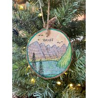 Banff National Park Christmas Ornament Hand Drawn Rustic Wood Slice Art On Reclaimed Pine, Canada Trip Souvenir | Etsy (US)