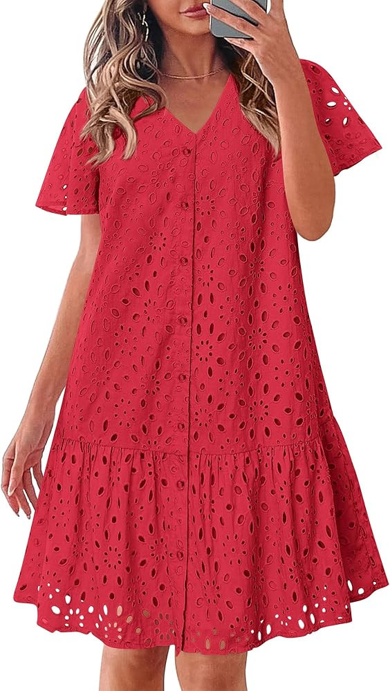 KIRUNDO Eyelet Dresses for Women 2026 Spring Summer Short Sleeve Button Down Loose Mini Babydoll ... | Amazon (US)