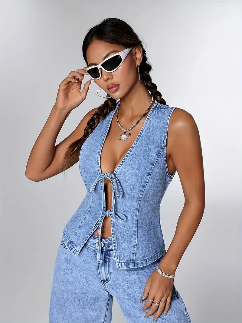 Fastest delivery: 3 BUSINESS DAYSWomen's Elegant Bow Detail Denim Top - Non-Stretch Machine Washa... | Temu Affiliate Program