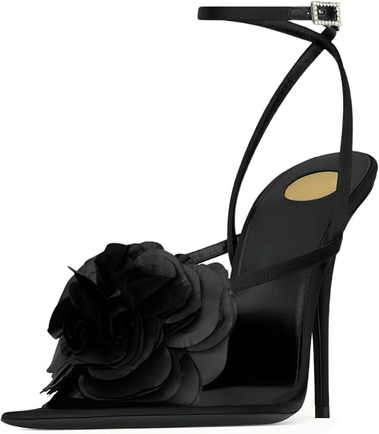 Flower High Heel Sandals for Women Pointed Toe Thong Sandals | Adjustable Ankle Strap Rhinestone ... | Amazon (US)
