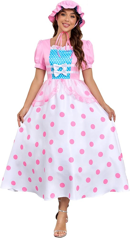 Women's Bo Peep Costume with Pink Bonnet Hat Polka Dot Dress Halloween Cosplay Outfit for Adult | Amazon (US)