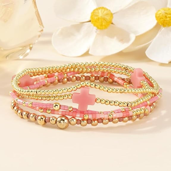 Gold Beaded Bracelets Stack for Women Valentines Day Gifts for Her Stackable 14K Gold Plated Bead... | Amazon (US)