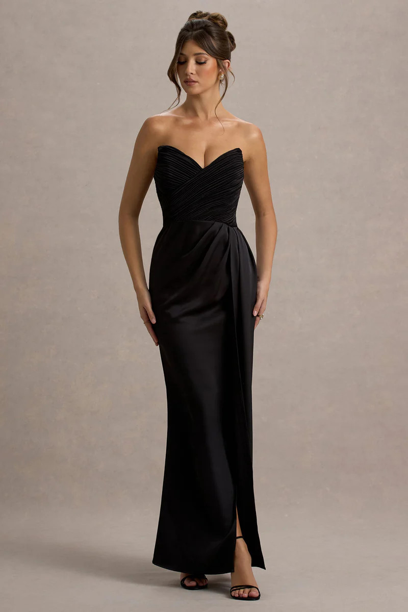 Edel  Black Satin Strapless Maxi Dress With Drape | Club L London