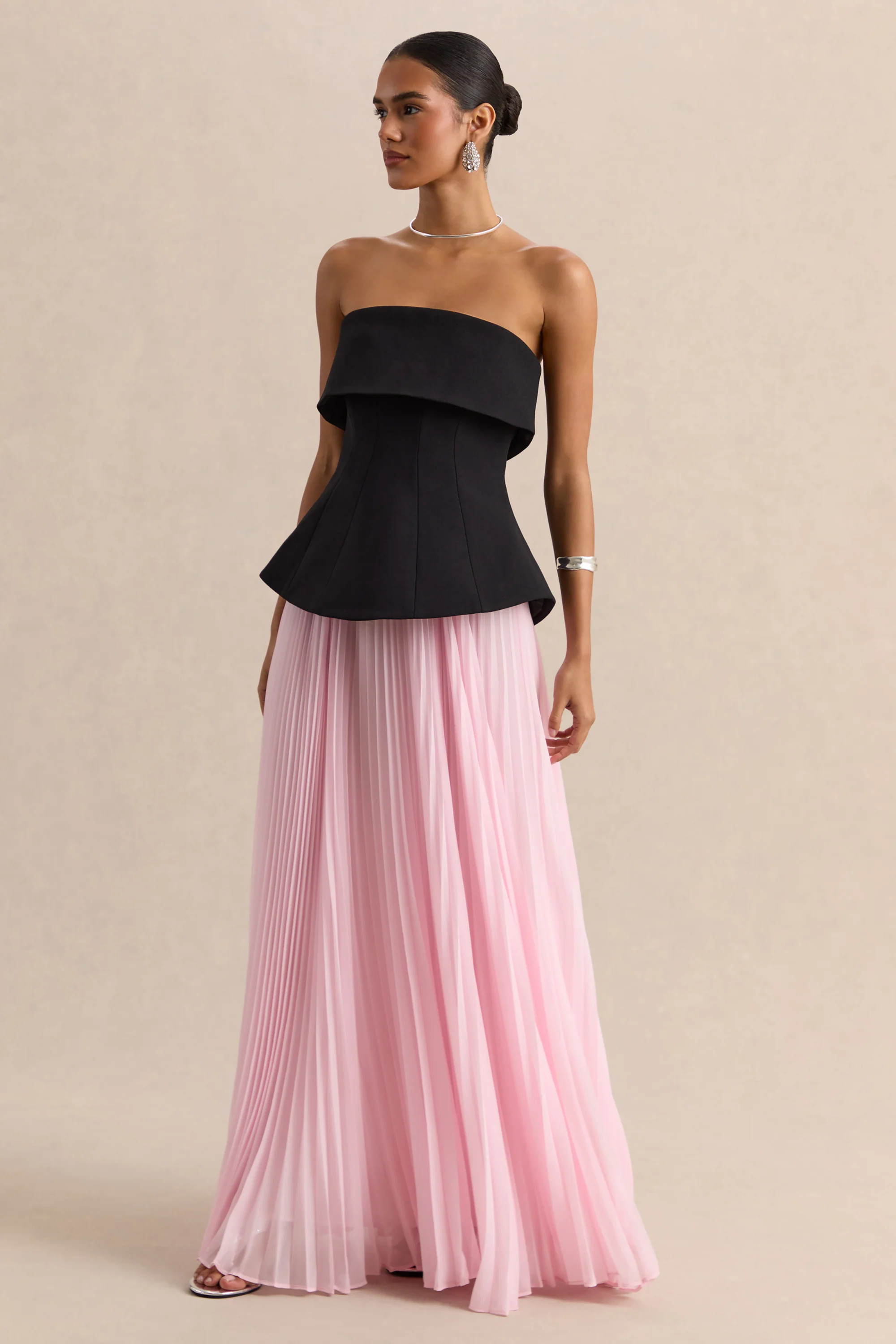 Stellara | Black & Pink Bandeau Corset Maxi Dress With Sheer Skirt | Club L London