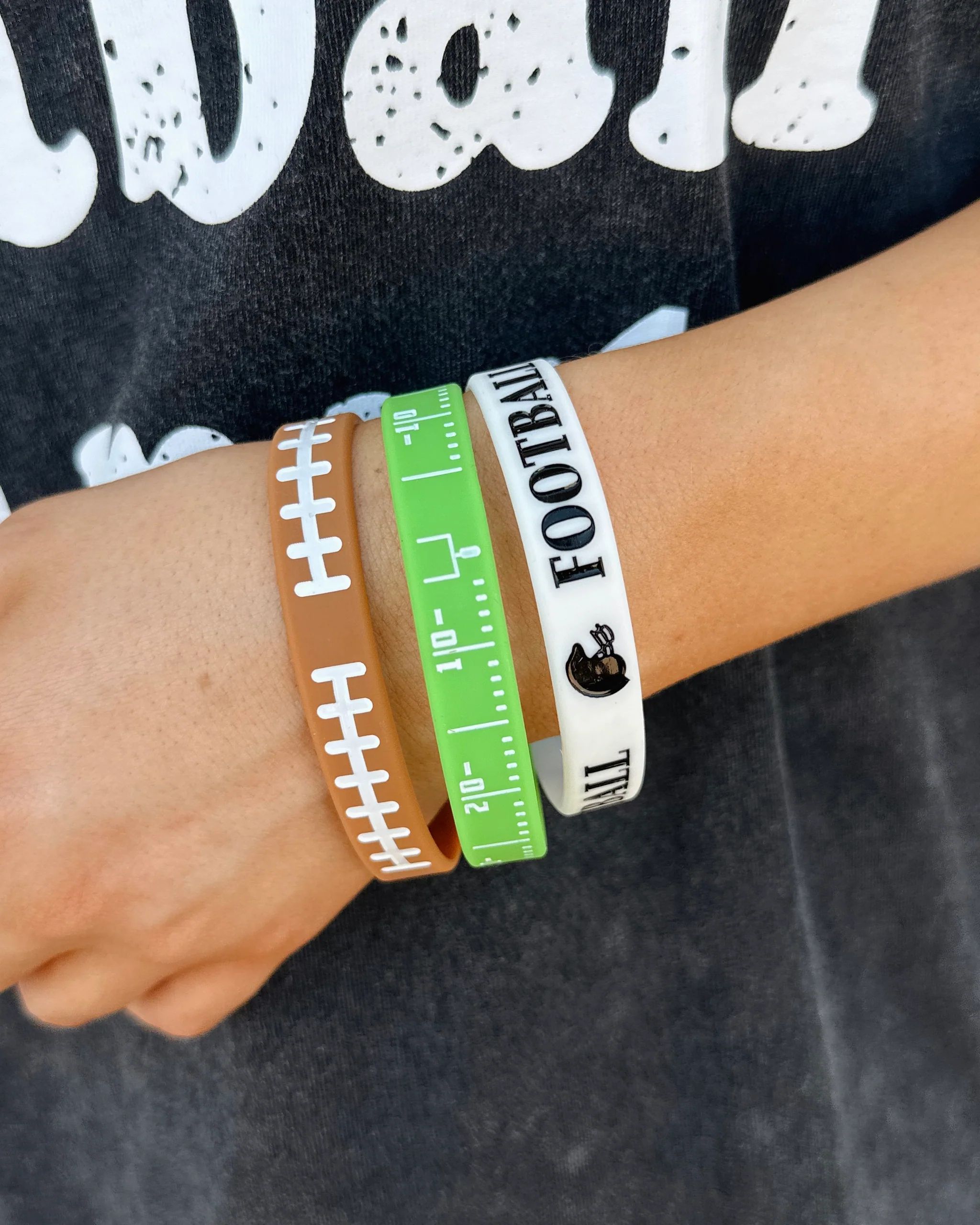 Silicone Football Bracelet Set Of 3 (Yard Lines, Football Laces & Helmet) | Live Love Gameday®