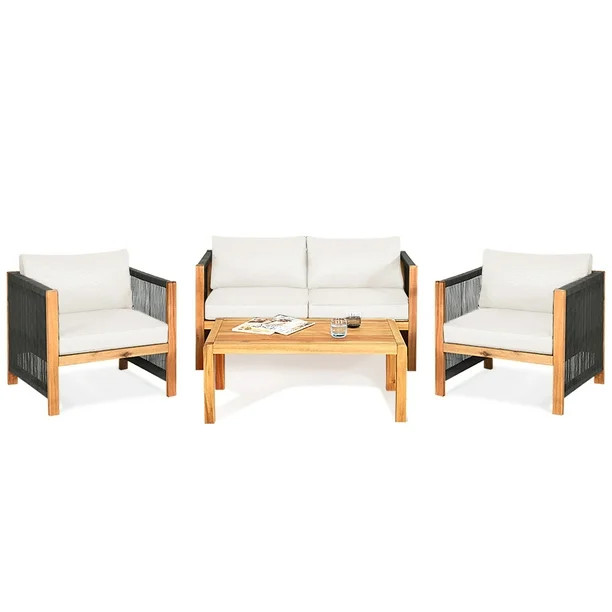 Gymax 4PCS Acacia Wood Outdoor Patio Furniture Conversation Set W/ White Cushions | Walmart (US)