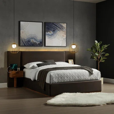 Dahlia Upholstered Bed LED Headboard and USB A + C Side Tables in Velvet Fabric | Wayfair North America