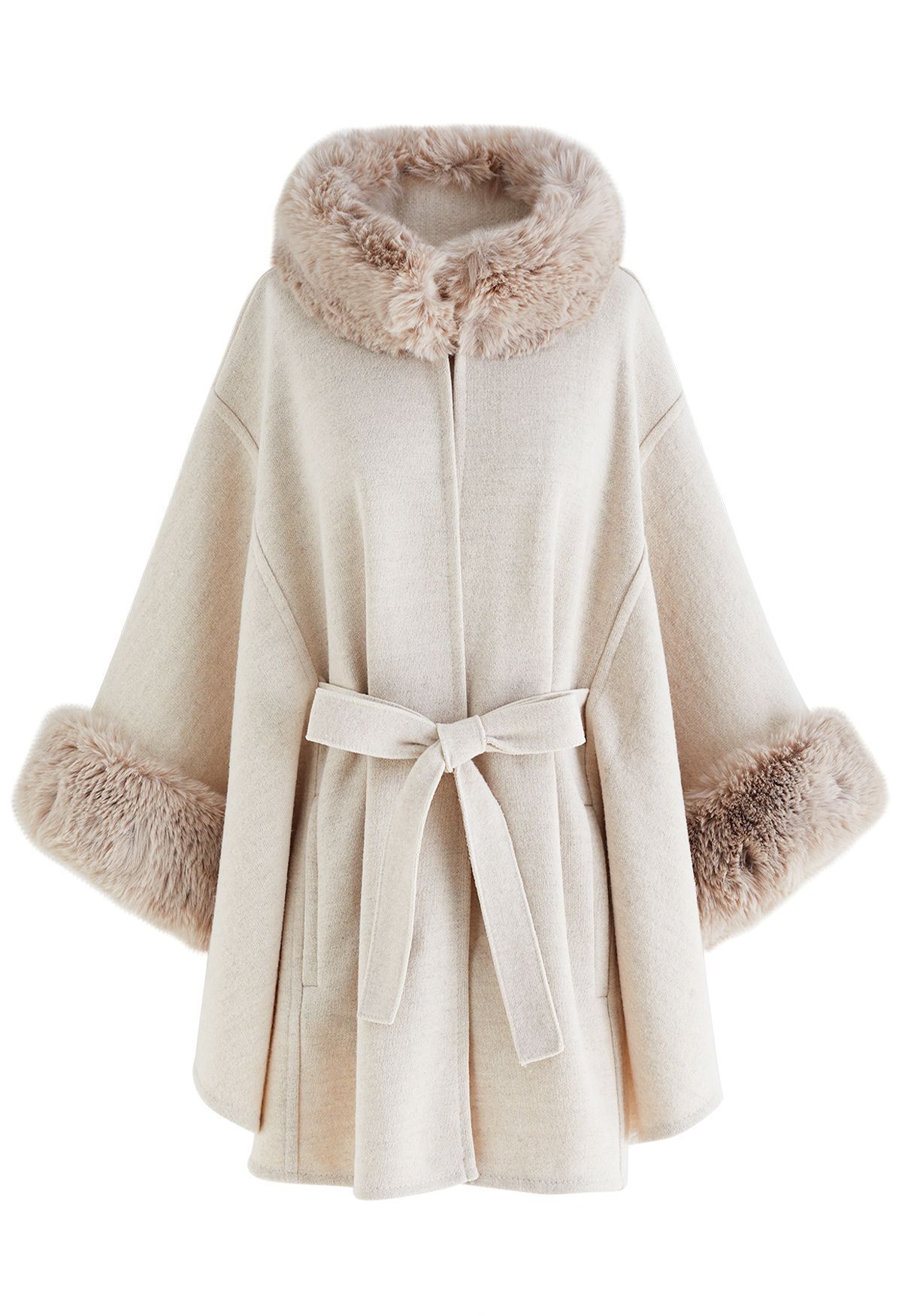 Self-Tie Bowknot Faux Fur Poncho in Oatmeal | Chicwish