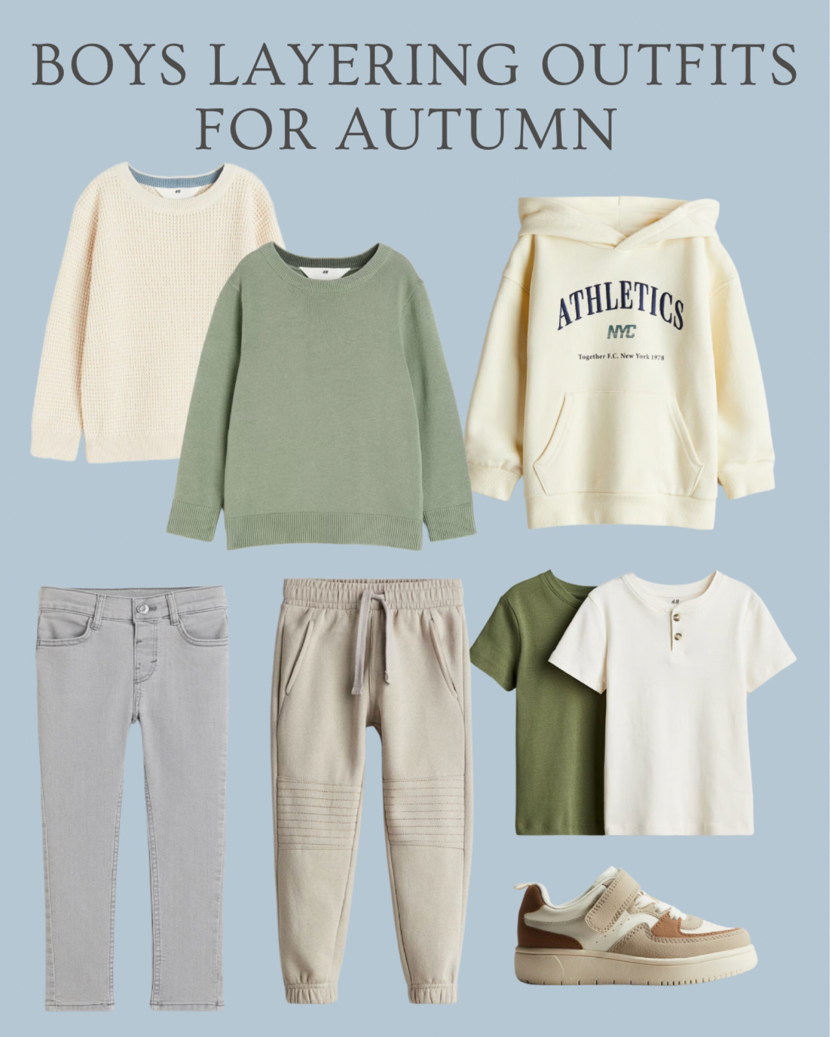 Boys layering outfit idea for autumn / fall
.
Sage green - sage and beige - neutral boys clothes - smart boys joggers / Henley T-shirt / think knitted sweater - fall wardrobe / autumn outfits- H&M kids - h and m boys 

#LTKFindsUnder50 #LTKBacktoSchool #LTKKids