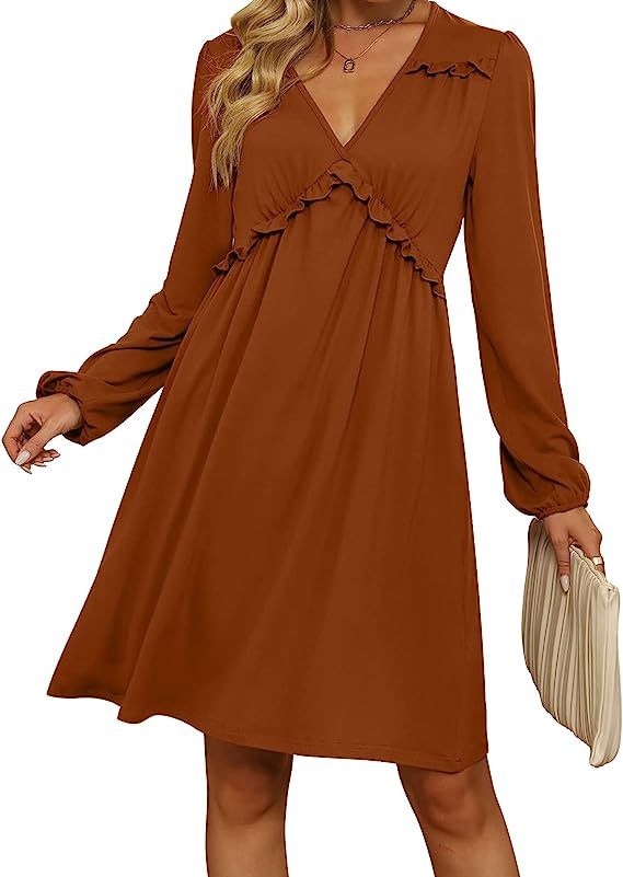 Aokosor Long Sleeve Dresses for Women Fall 2023 Sexy V Neck Dress Fashion Low Cut Outfits | Amazon (US)