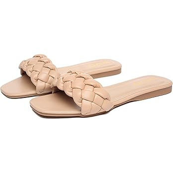 HAPUSS Womens Flat Slide Sandals,nude braided sandals for women,Square Open Toe Slippers Cute Sli... | Amazon (US)