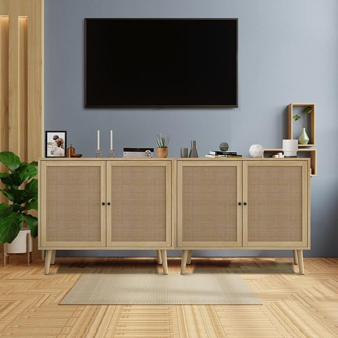 Sideboard Buffet Cabinet,Kitchen Storage Cabinet with Rattan Decorated Doors,4 Doors Console Tabl... | Amazon (US)