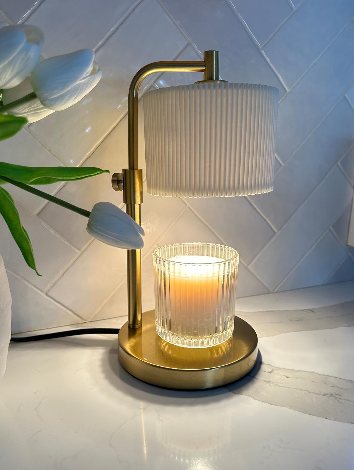 The prettiest candle warmer. Fluted shade, gold base. Adjustable height and intensity. Cozy home. | Amazon (US)