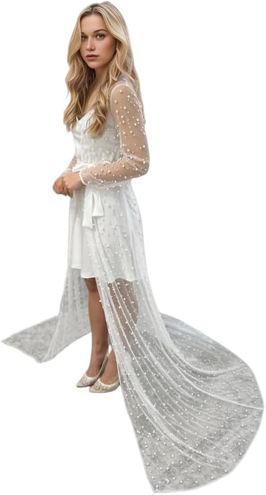 ruthyuexin Pearl Long Sleeve Wedding Jacket Tulle Party Shawl BOLERO Floor-Length Bridal Cape Sex... | Amazon (US)