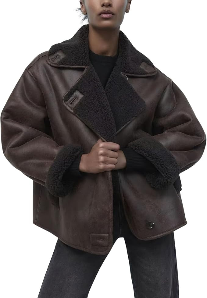 chouyatou Women's Winter Sherpa Lined Faux Leather Jacket Casual Motorcycle Oversized Leather Jac... | Amazon (US)