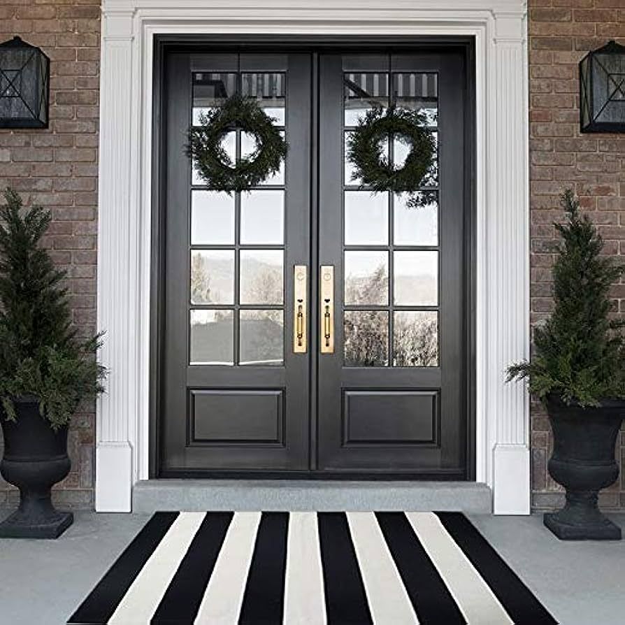 Black and White Striped Rug 28 x 45 Inches Front Door Mat Hand-Woven Cotton Indoor/Outdoor Rug f... | Amazon (US)