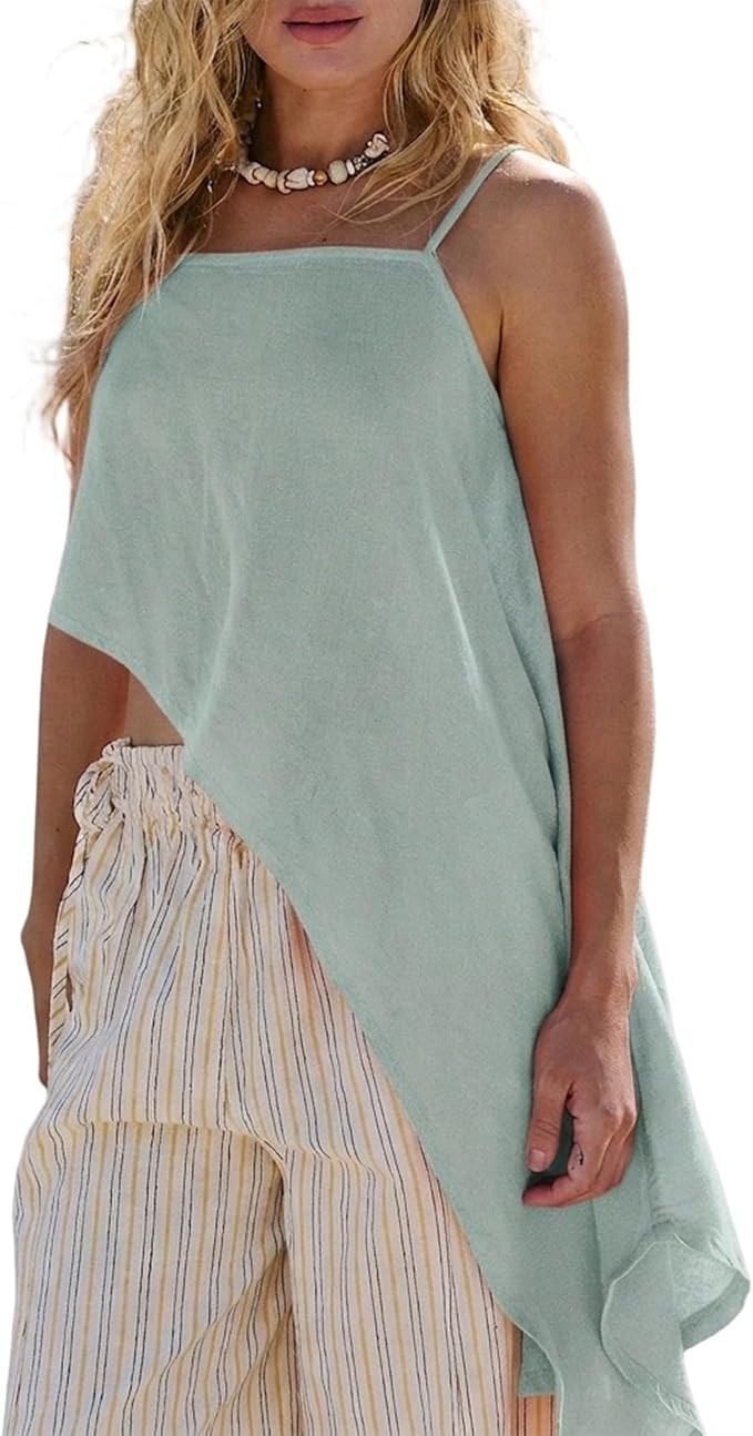 Hixiaohe Camisole Tops for Women Summer Beach Square Neck Spaghetti Strap Crop Top Boho Asymmetri... | Amazon (US)