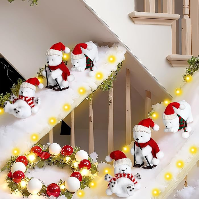 AceOrbit 6 Pcs Polar Bear Christmas Staircase Decorations with LED     Artificial Snow Blanket wi... | Amazon (US)