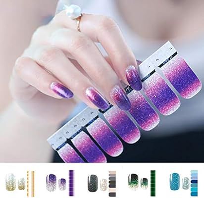 10 Sheets Nail Sticker, Glitter Powder Gradient Color Stickers Nail Wraps Full Cover Nail Polish ... | Amazon (US)