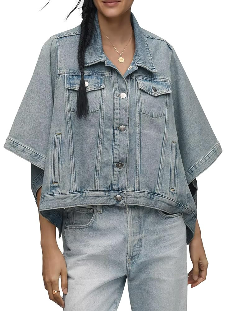 Tankaneo Womens Jean Jacket Oversized Cropped Short Sleeve Cotton Denim Jacket Fall Trendy Cape O... | Amazon (US)