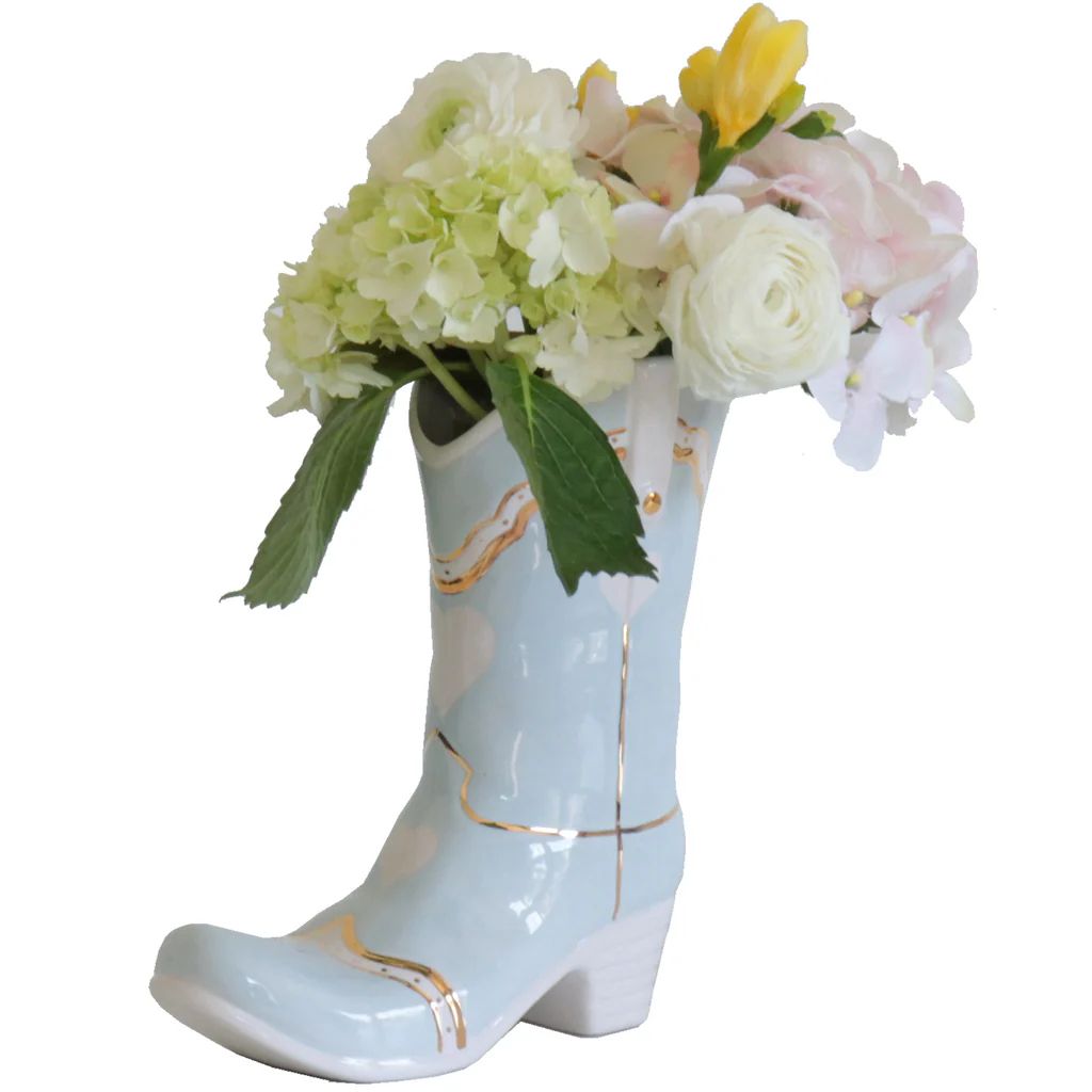 Cowboy Boot Vase with Hearts for Lo Home x Katey McFarlan in Light Blue | Lo Home by Lauren Haskell Designs