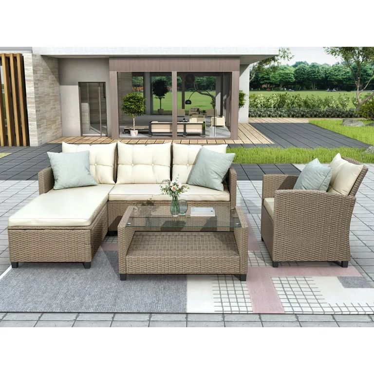 4 Piece Outdoor Deck Furniture Sets with Loveseat Sofa, Lounge Chair, Wicker Chair, Coffee Table,... | Walmart (US)