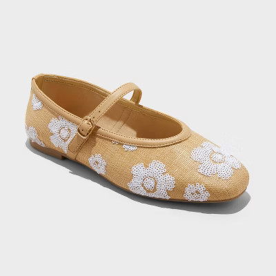 Women's Issa Raffia Floral Sequin Mary Jane Ballet Flat with Memory Foam Insole - A New Day™ Tan 7.5 | Target