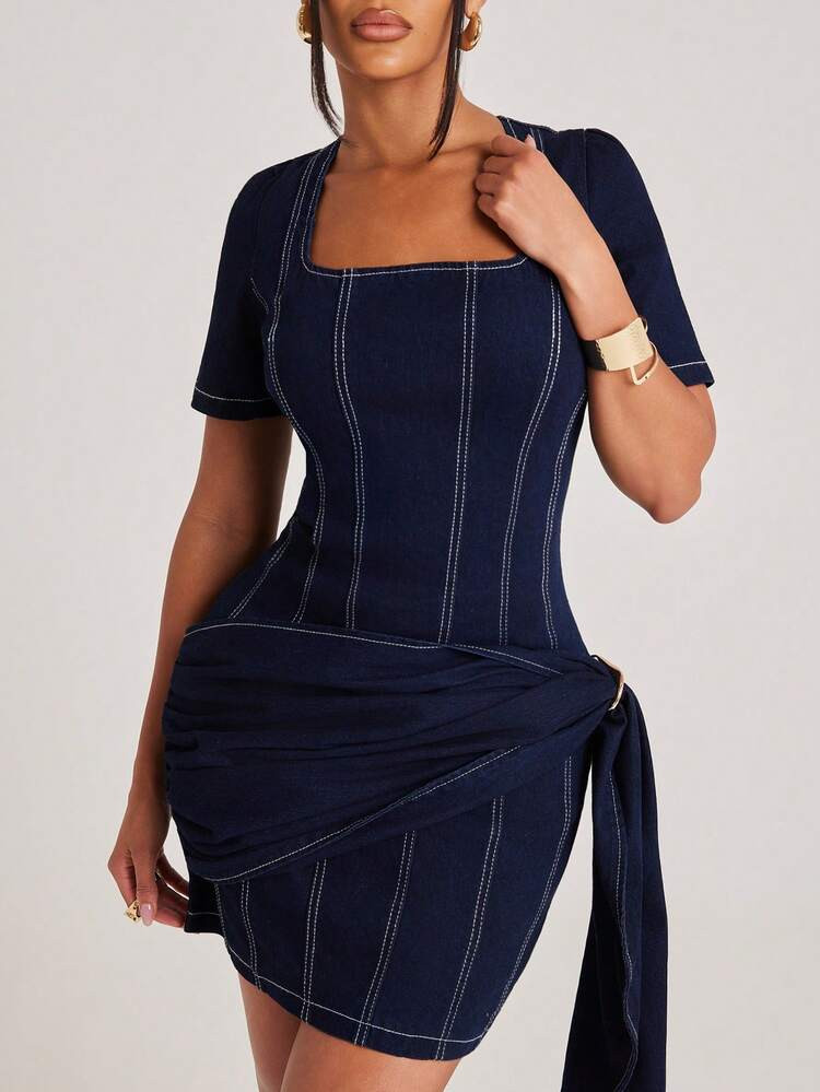 NYA SZN Dress Mini Denim Indigo Rinse Dark Wash Contrast Thread Tie Waist Fitted Brunch Casual Un... | SHEIN
