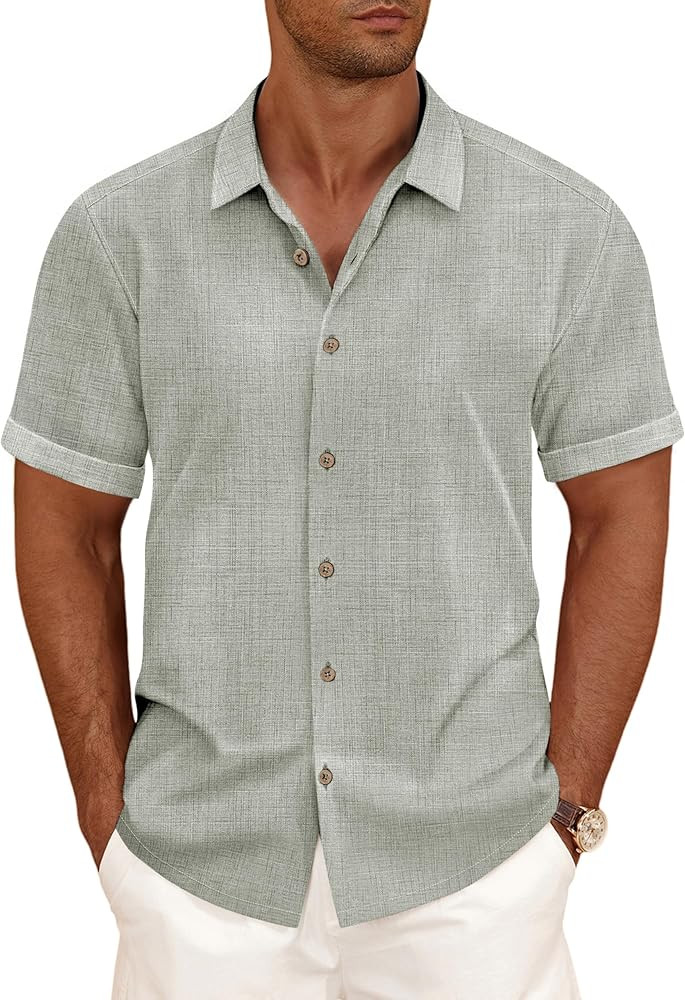 Linen Blend Shirts for Men Casual Short Sleeve Button Down Shirt Cool Summer Beach Wedding Vacati... | Amazon (US)