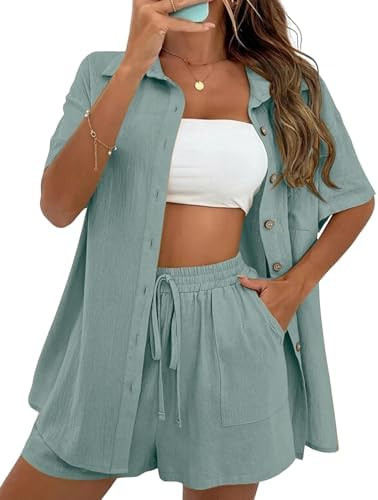 APAFES Women Summer Cotton Linen Short Sets 2 Piece Shorts Top Lounge Beach Vacation Two Piece Ou... | Amazon (US)