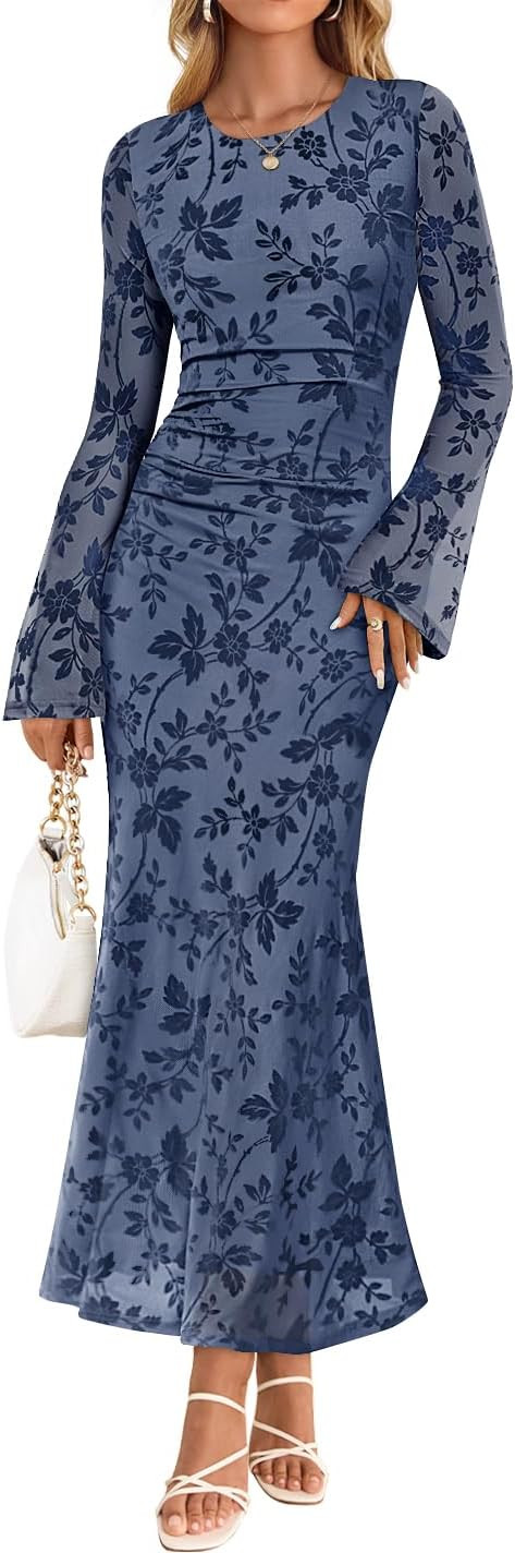 ZESICA Women's Long Sleeve Floral Bodycon Dress 2025 Fall Fashion Ruched Mesh Wedding Guest Cockt... | Amazon (US)