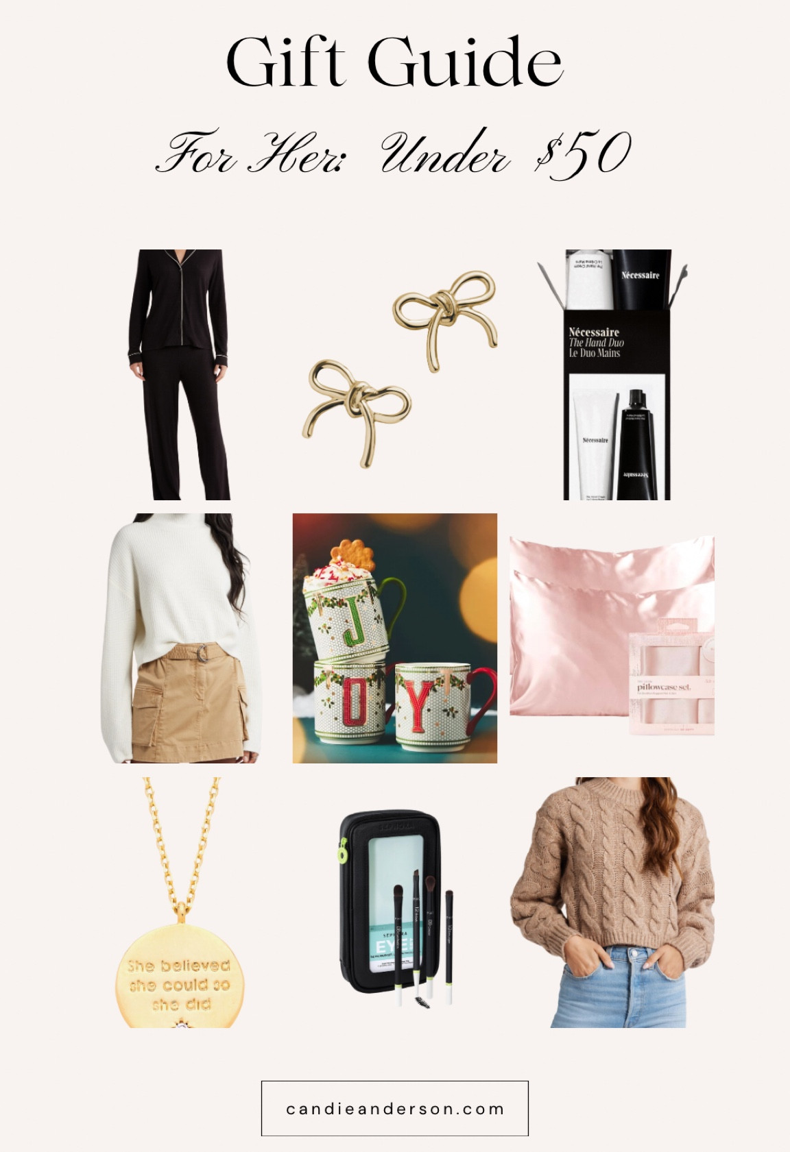 Last minute holiday gift guide for her under $50! Must have holiday initial mug, cozy timeless sweaters, the best pajama set, an inspiring necklace, great makeup brushes, bow earrings, a silk pillowcase, and the best hand cream! ❤️

#LTKGiftGuide #LTKFindsUnder100 #LTKFindsUnder50