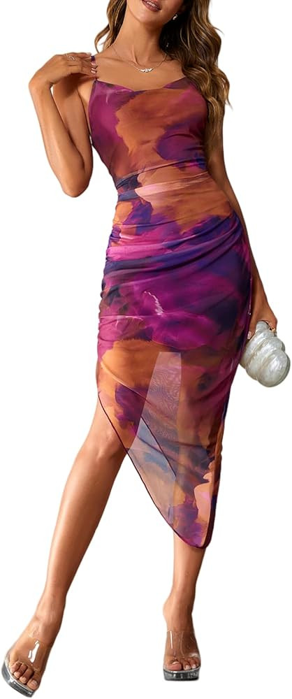 SOLY HUX Women's Tie Dye Cowl Neck Split Hem Bodycon Cami Dress Backless Long Dresses | Amazon (US)