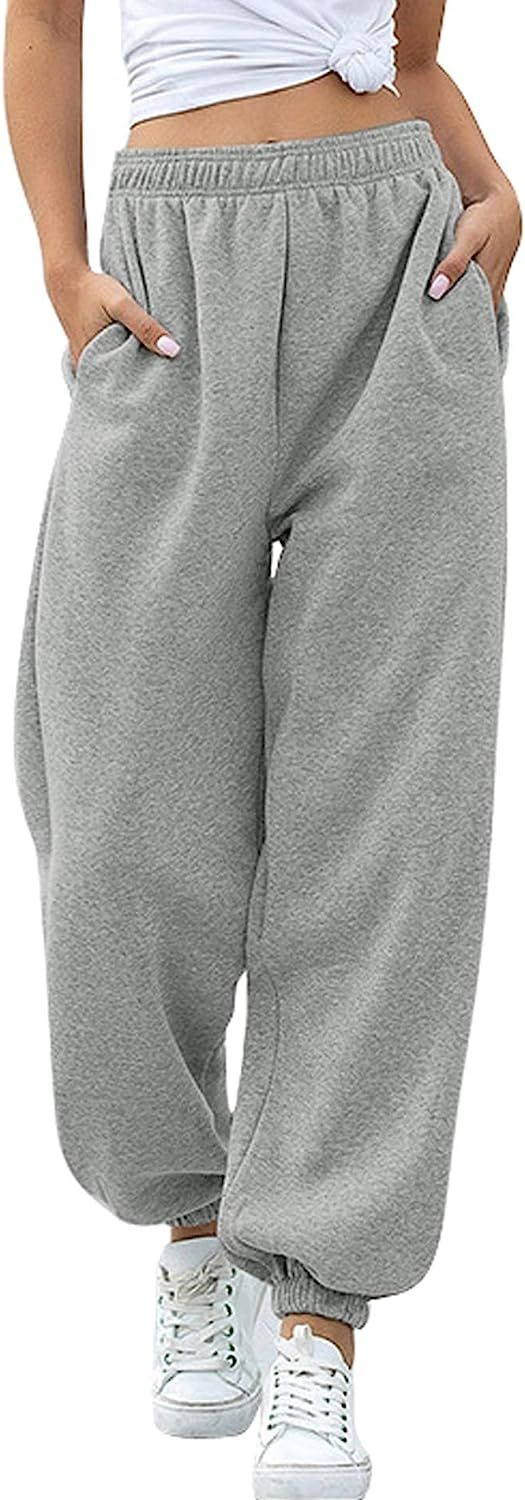 Women's Fleece Cinch Bottom Sweatpants Pockets High Waist Sporty Gym Athletic Fit Jogger Pants Lo... | Amazon (US)