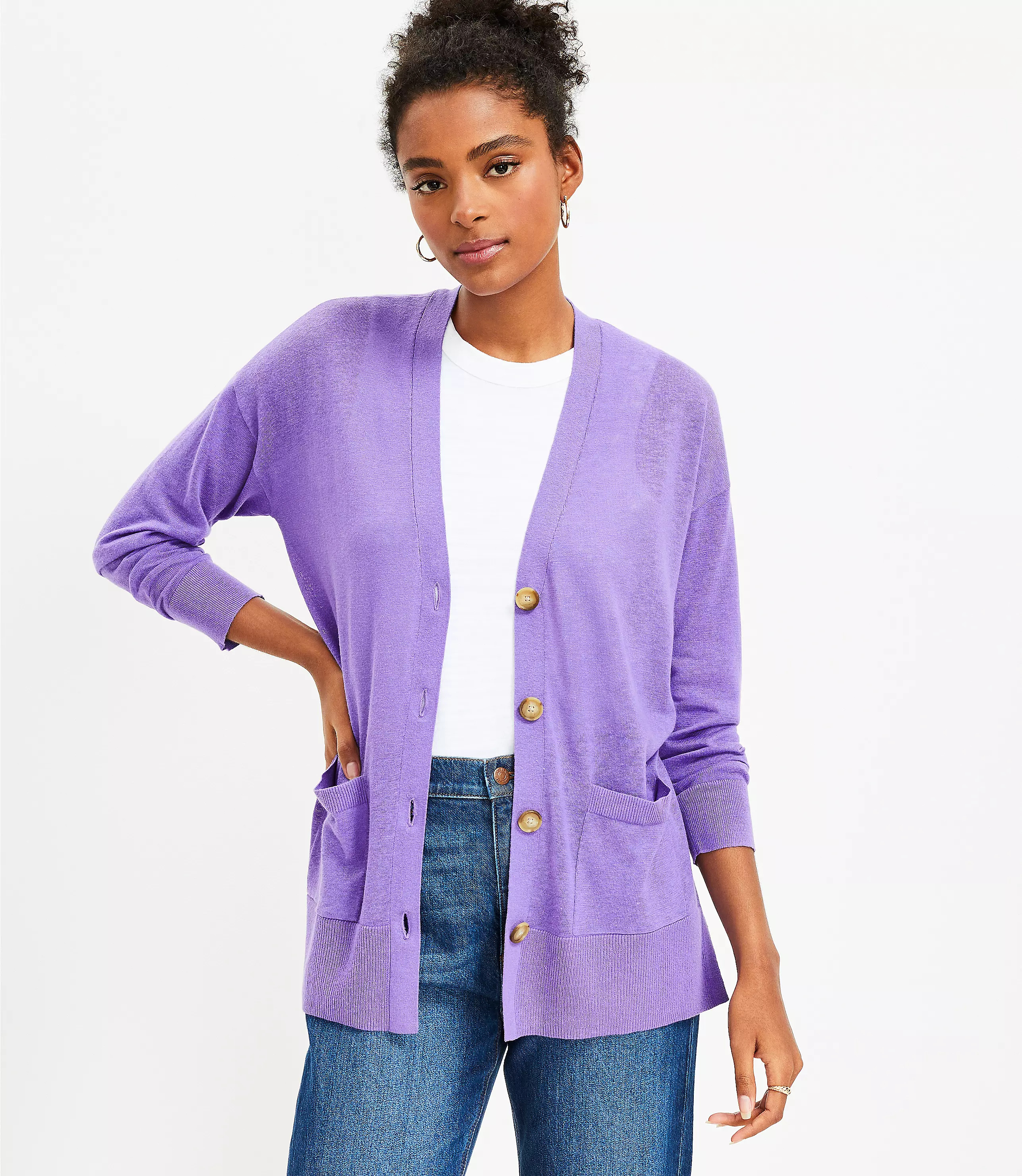 Ribbed Relaxed V-Neck Pocket Cardigan | LOFT